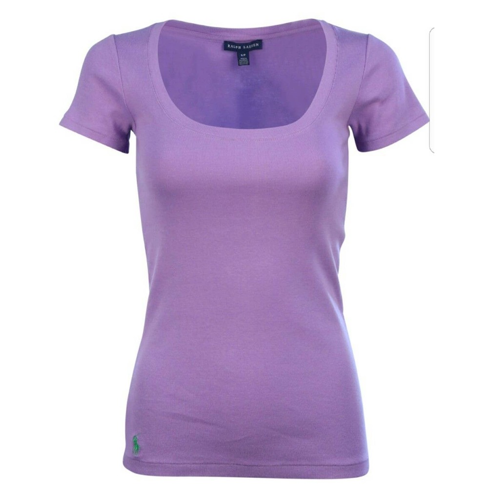 Polo Ralph Lauren Womens Pony Logo Ribbed Scoop Neck T Shirt Purple Size Medium